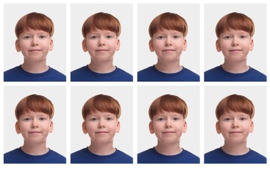 Passport photo, collage. Boy on white background, set of photos