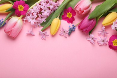 Photo of Beautiful different flowers on pink background, flat lay. Space for text