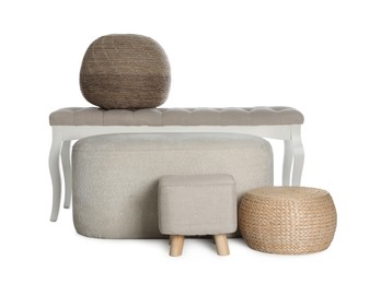 Different poufs and bench on white background. Home design