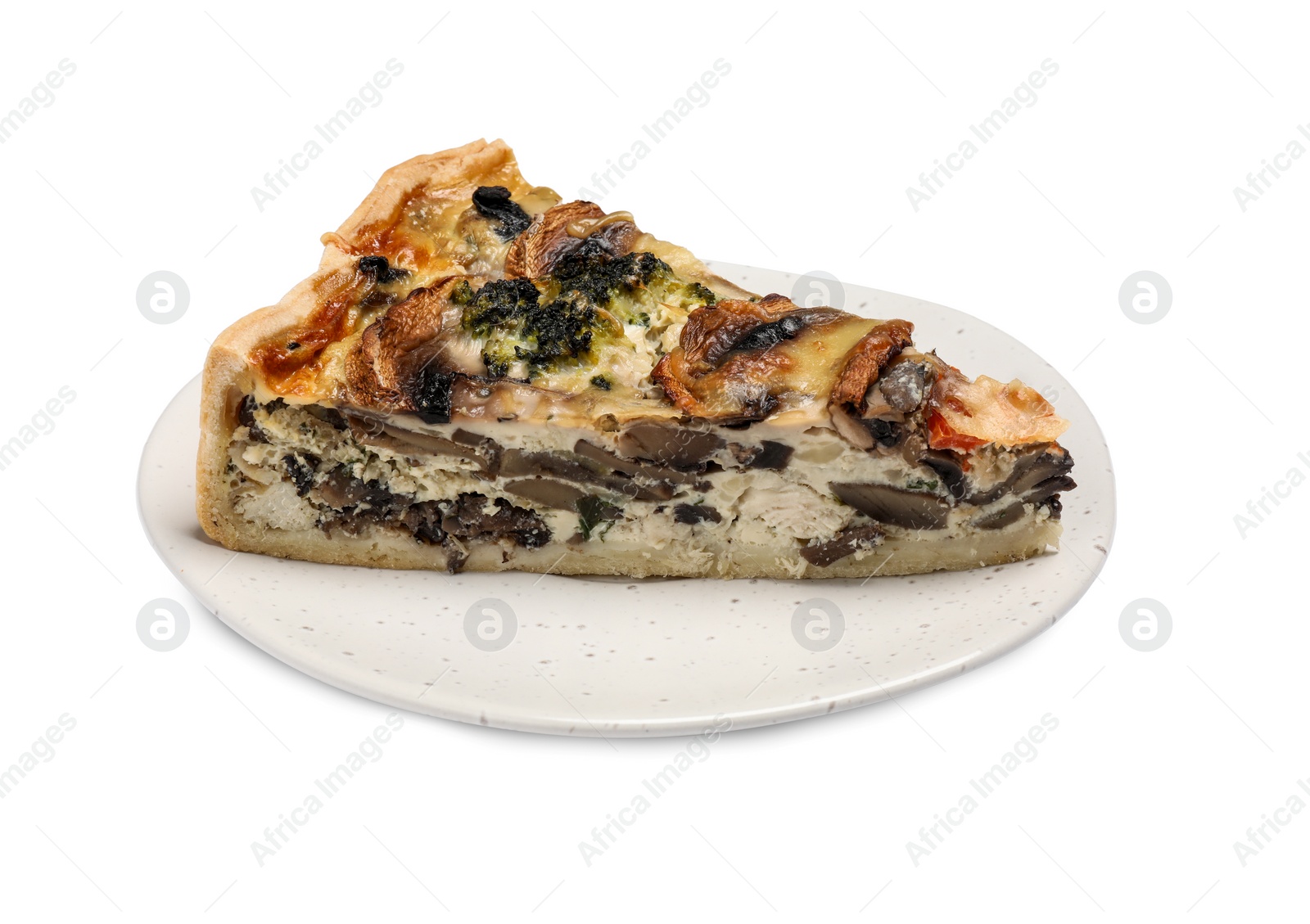 Photo of Piece of delicious quiche with mushrooms isolated on white