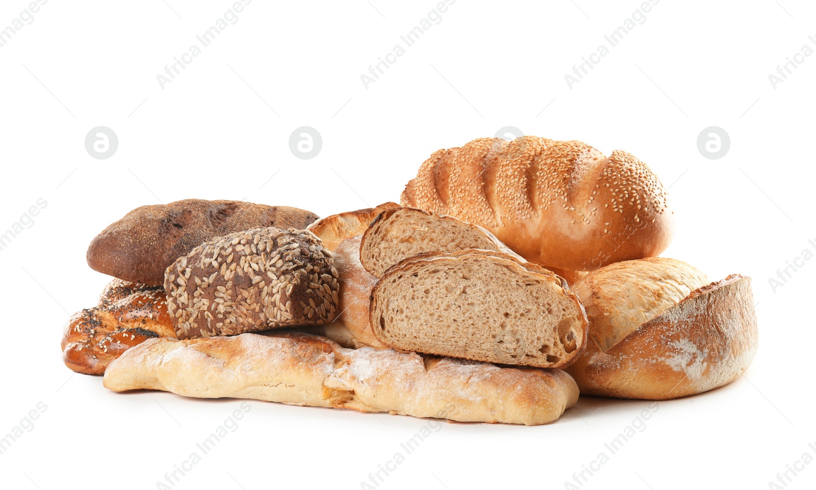 Photo of Different kinds of bread on white background