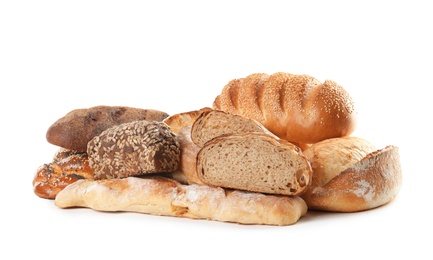 Photo of Different kinds of bread on white background