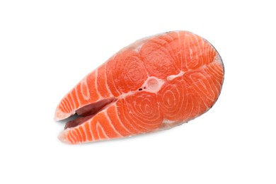 Photo of Fresh raw salmon steak isolated on white, top view