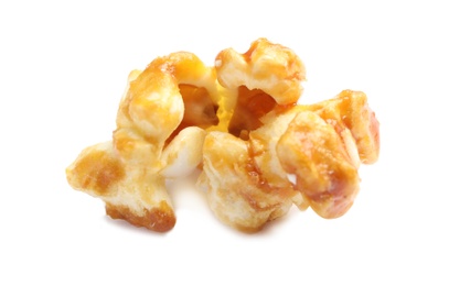 Photo of Delicious caramel popcorn on white background