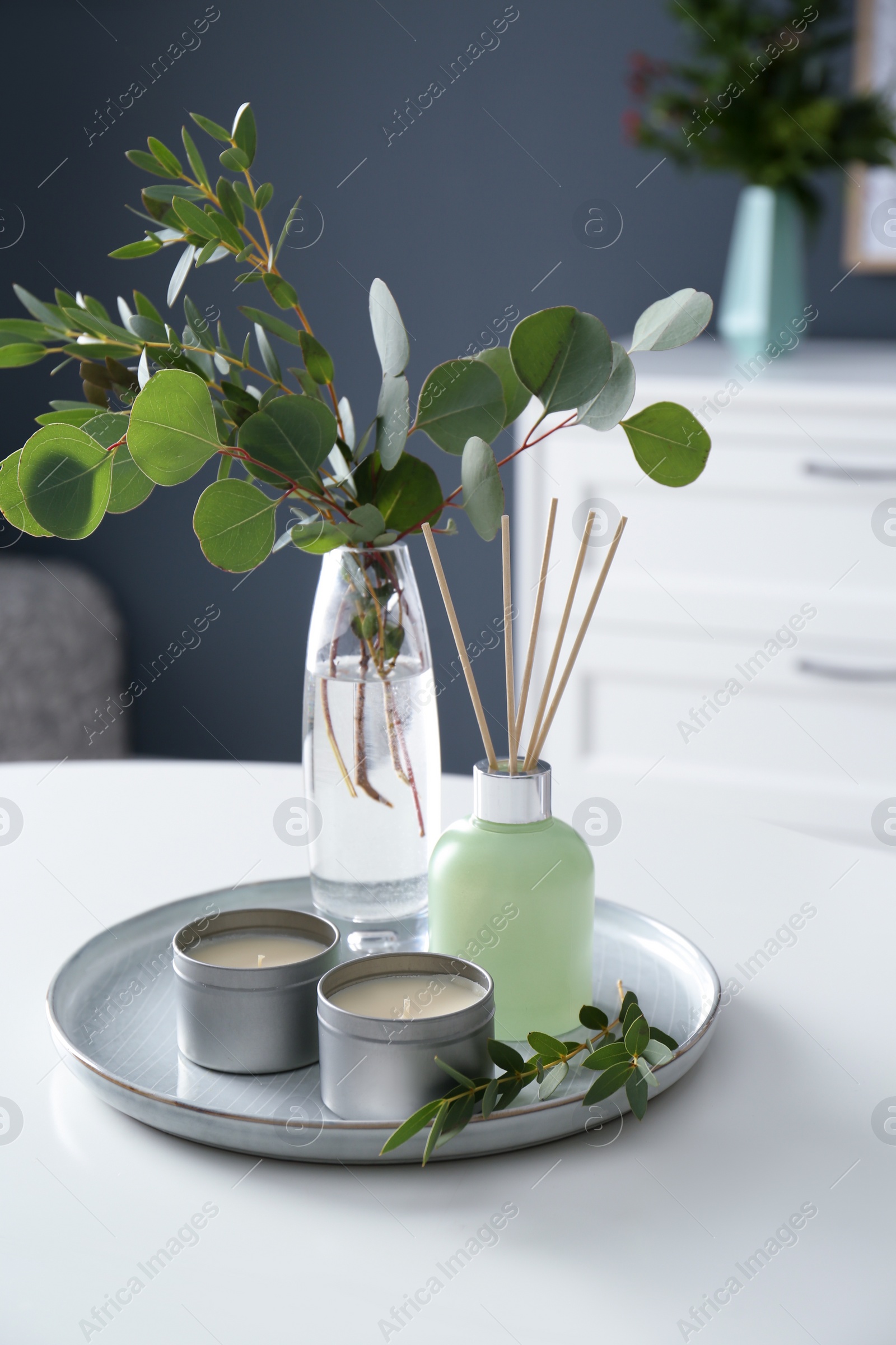 Photo of Eucalyptus branches, candles and aromatic reed air freshener on white table indoors. Interior elements