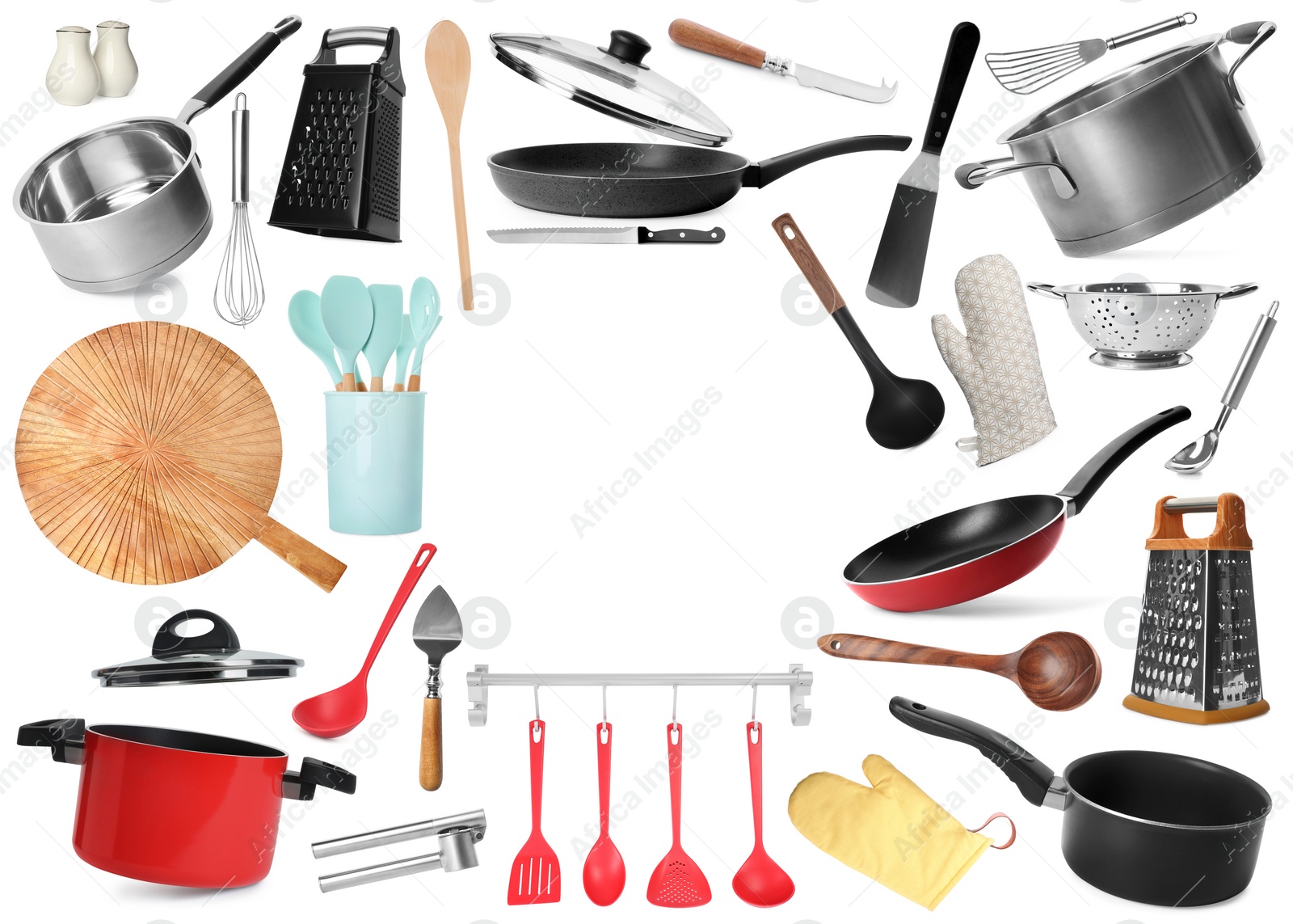 Image of Frame of different kitchenware on white background, space for text