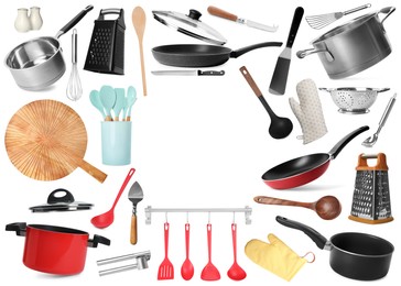 Image of Frame of different kitchenware on white background, space for text