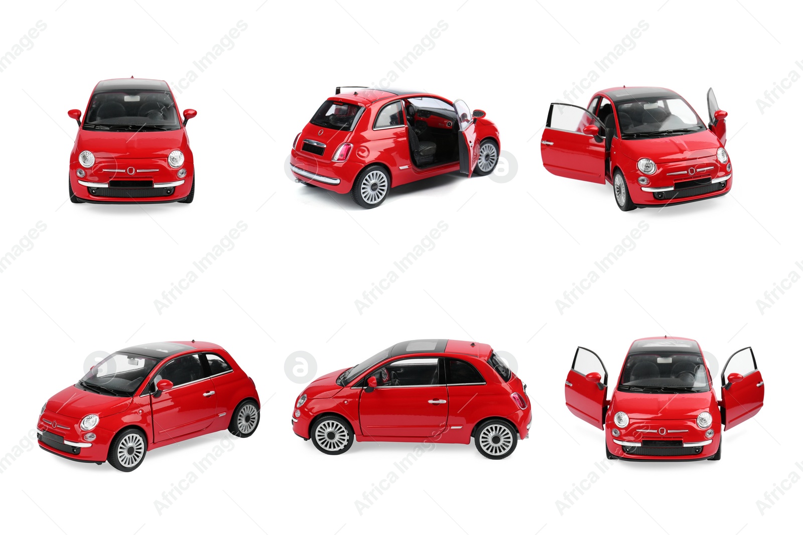 Image of Red car isolated on white, different angles. Collage design with children's toy