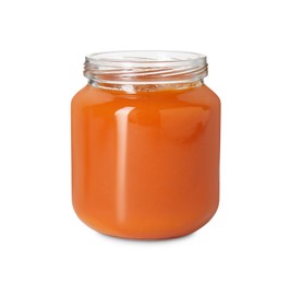 Baby food. Tasty healthy puree in jar isolated on white