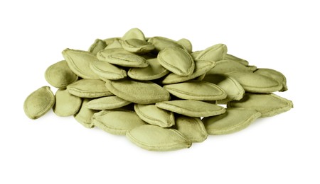 Photo of Heap of pumpkin seeds isolated on white