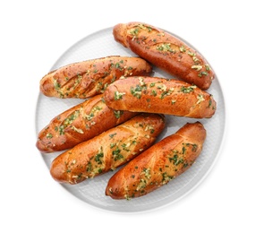 Photo of Plate of bread loaves with garlic and herbs on white background, top view