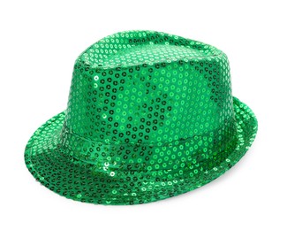 Photo of Green sequin hat isolated on white. Saint Patrick's Day accessory