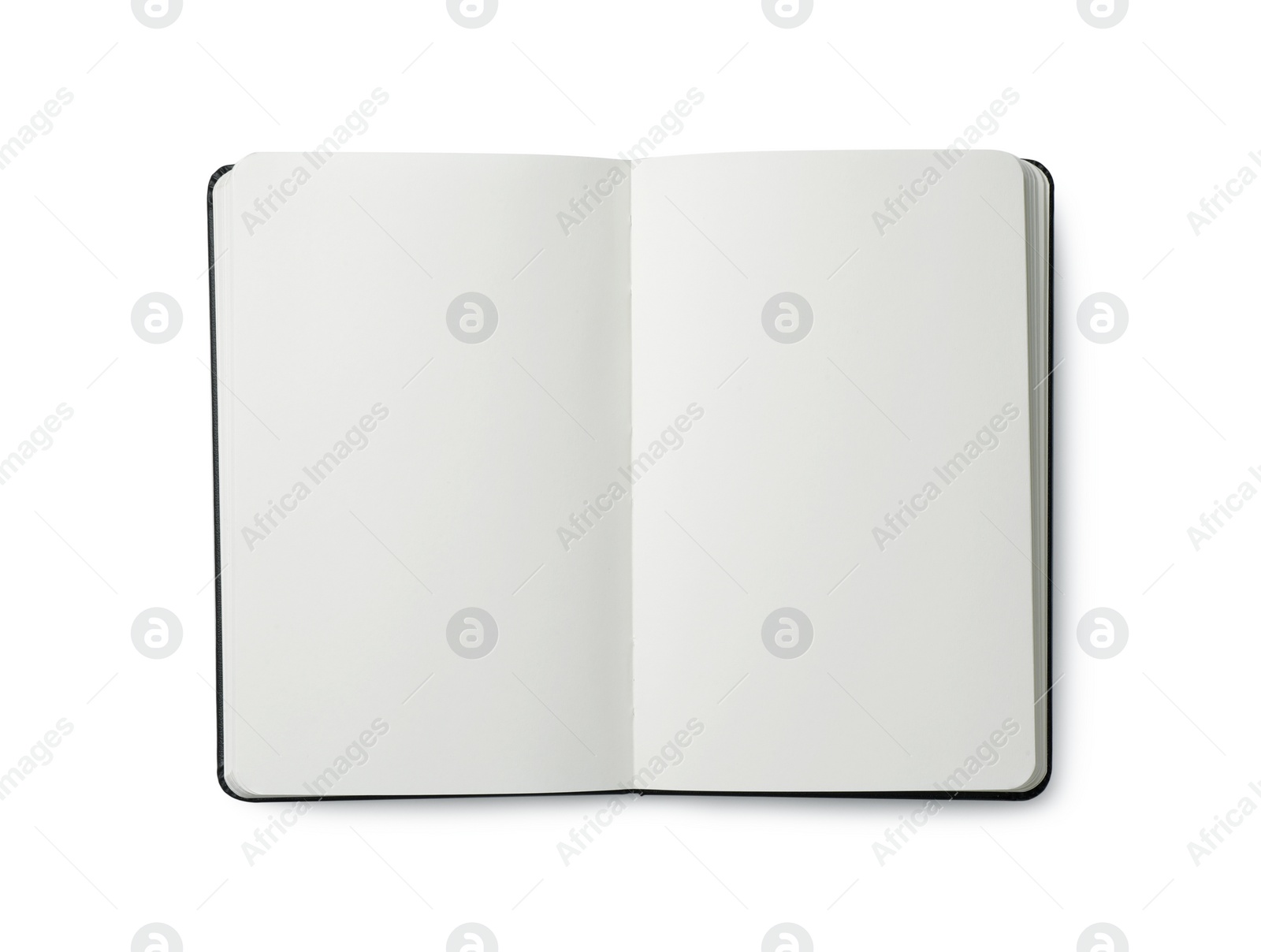 Photo of Open notebook with blank pages isolated on white, top view