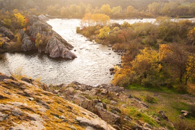 Picturesque view of beautiful mountain river on autumn day