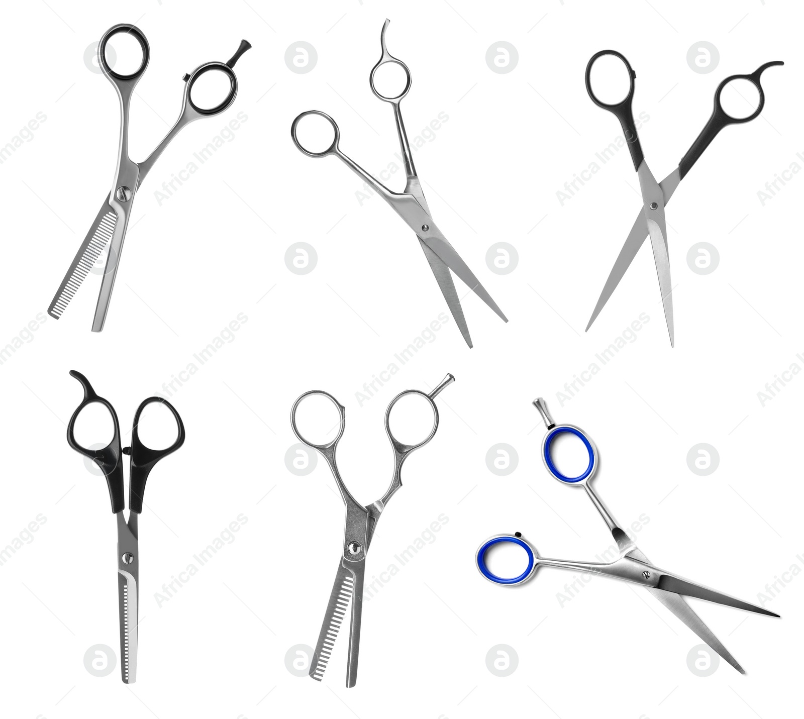 Image of Set of different professional hairdresser scissors on white background 