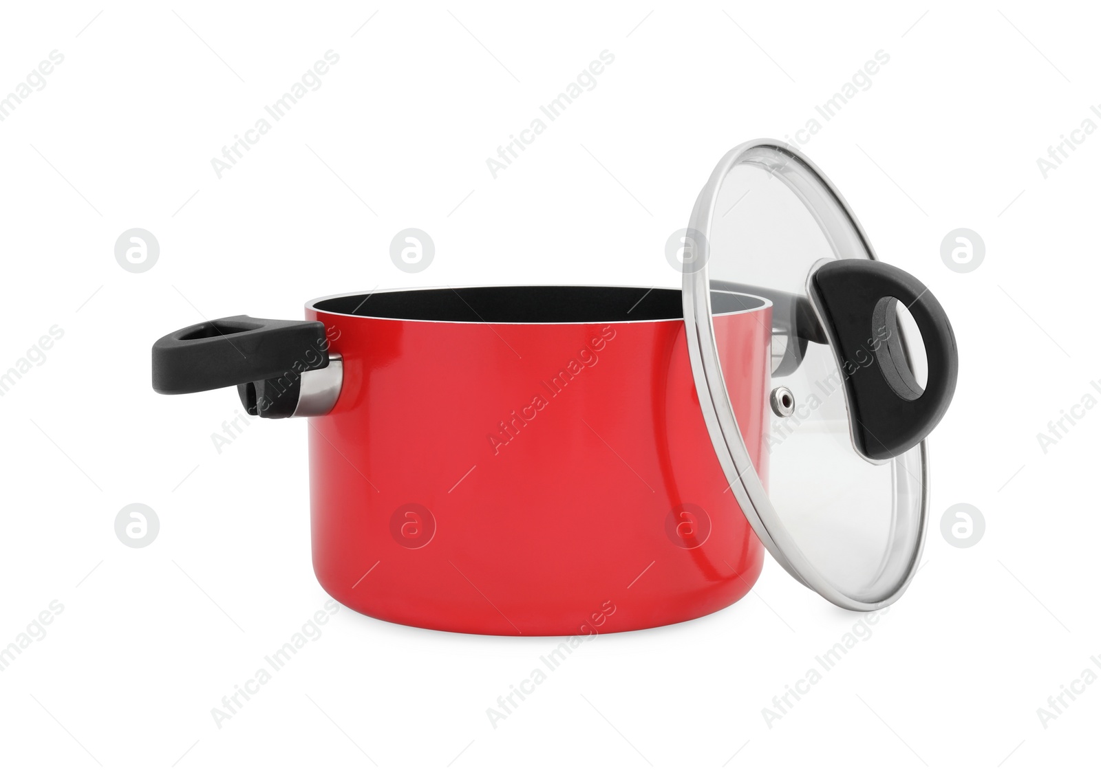 Photo of One red pot with glass lid isolated on white