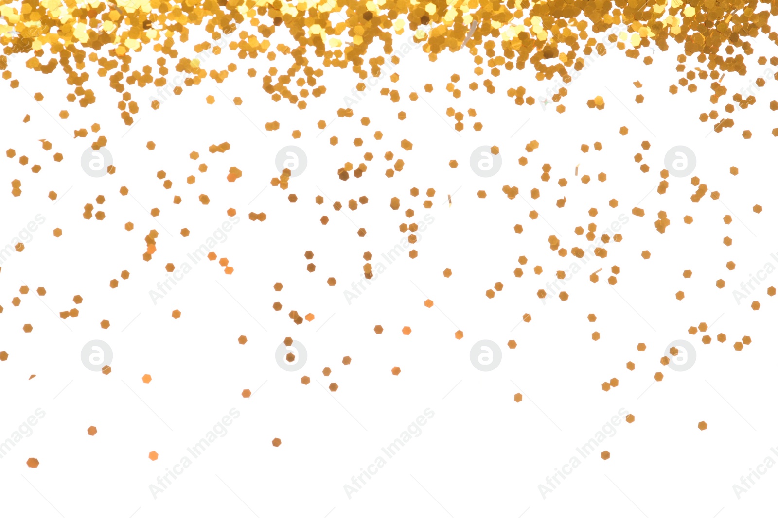 Photo of Bright golden confetti on white background, top view