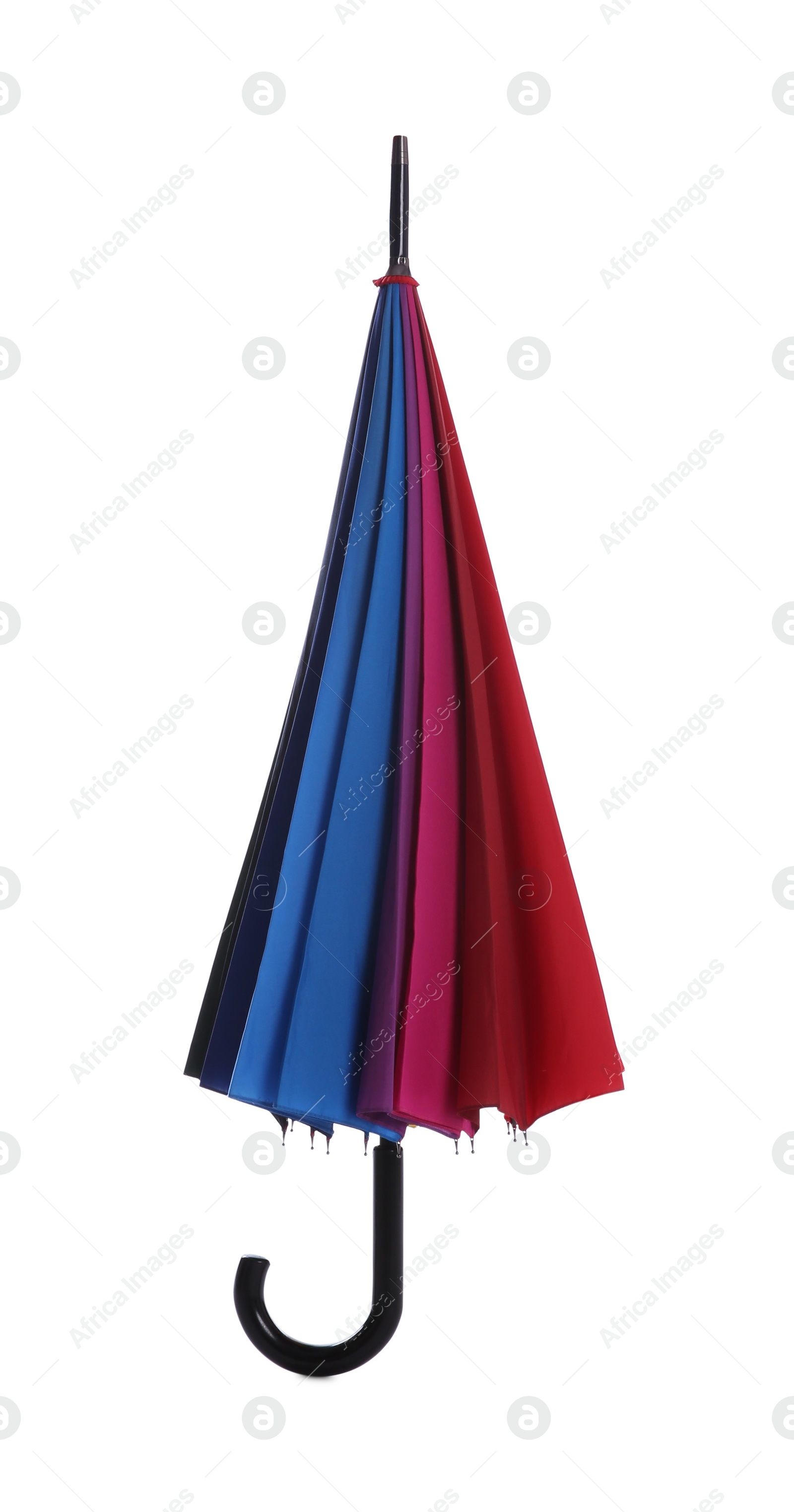 Photo of One closed colorful umbrella isolated on white