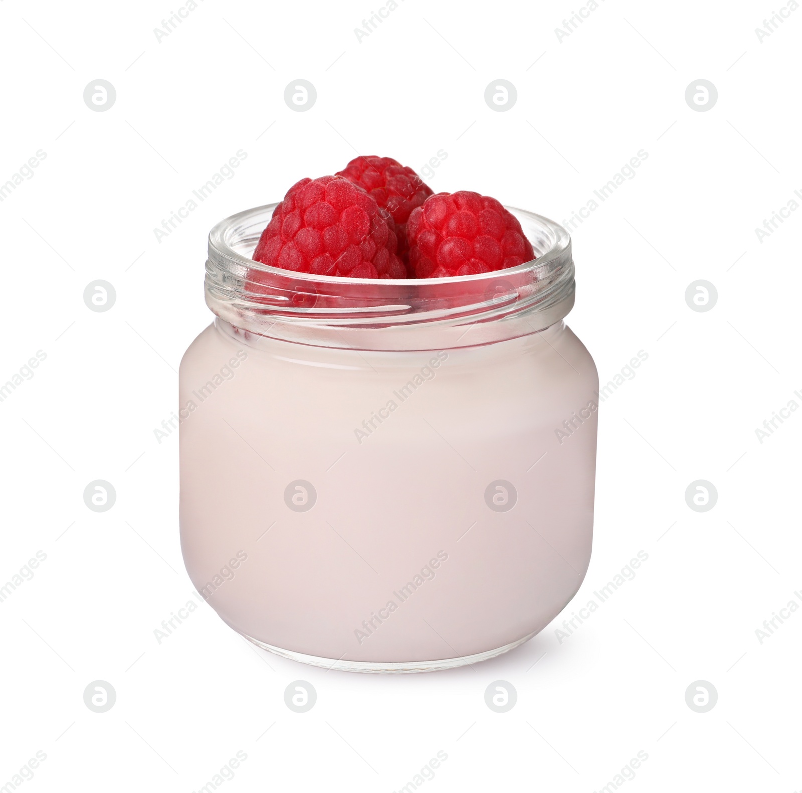 Photo of Jar of delicious yogurt and raspberries isolated on white