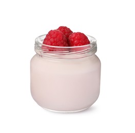 Jar of delicious yogurt and raspberries isolated on white