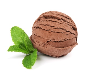 Photo of Scoop of chocolate ice cream and mint isolated on white