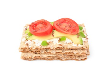 Photo of Fresh crunchy crispbreads with cream cheese, tomatoes and avocado on white background