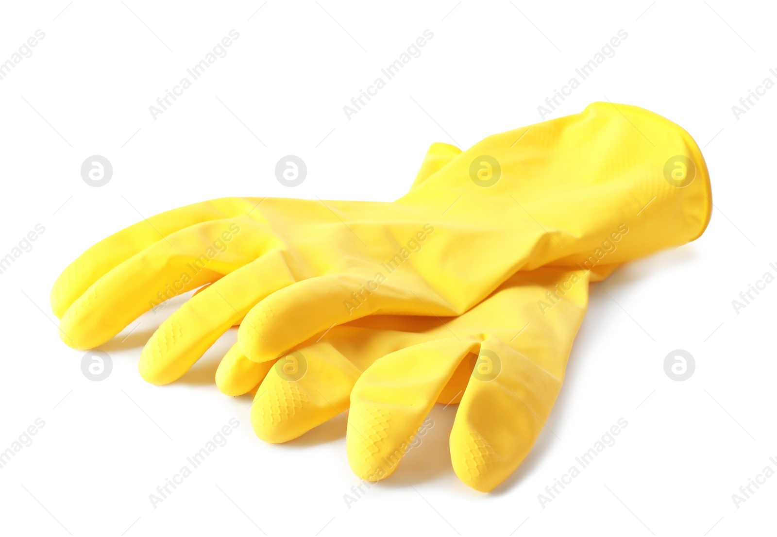 Photo of Clean rubber gloves for dish washing on white background