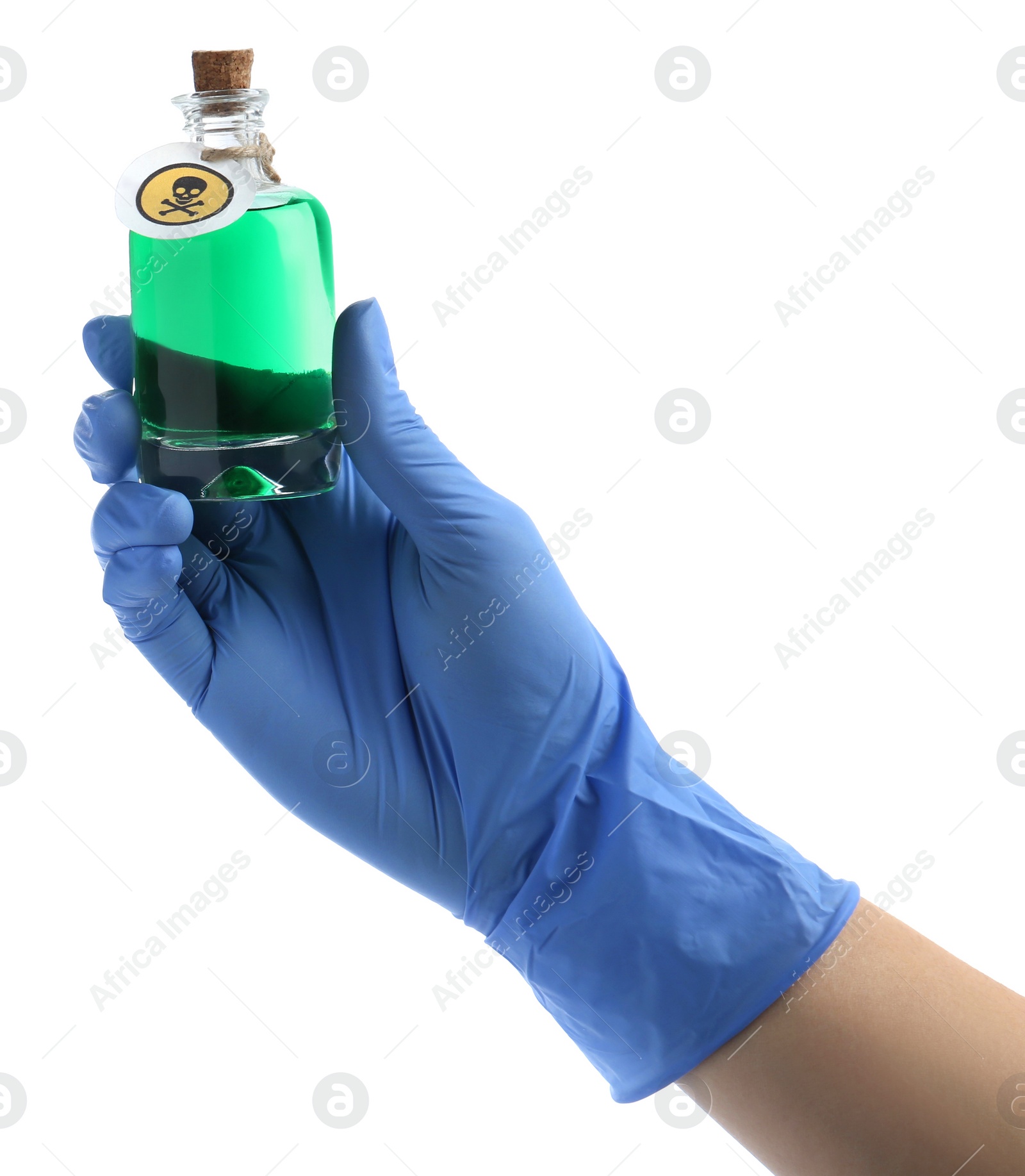 Photo of Woman in gloves holding glass bottle of poison with warning sign isolated on white, closeup