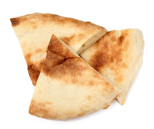 Photo of Cut fresh pita bread on white background, top view