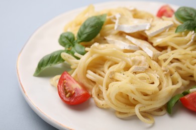 Photo of Delicious pasta with brie cheese, tomatoes and basil leaves on grey background, closeup