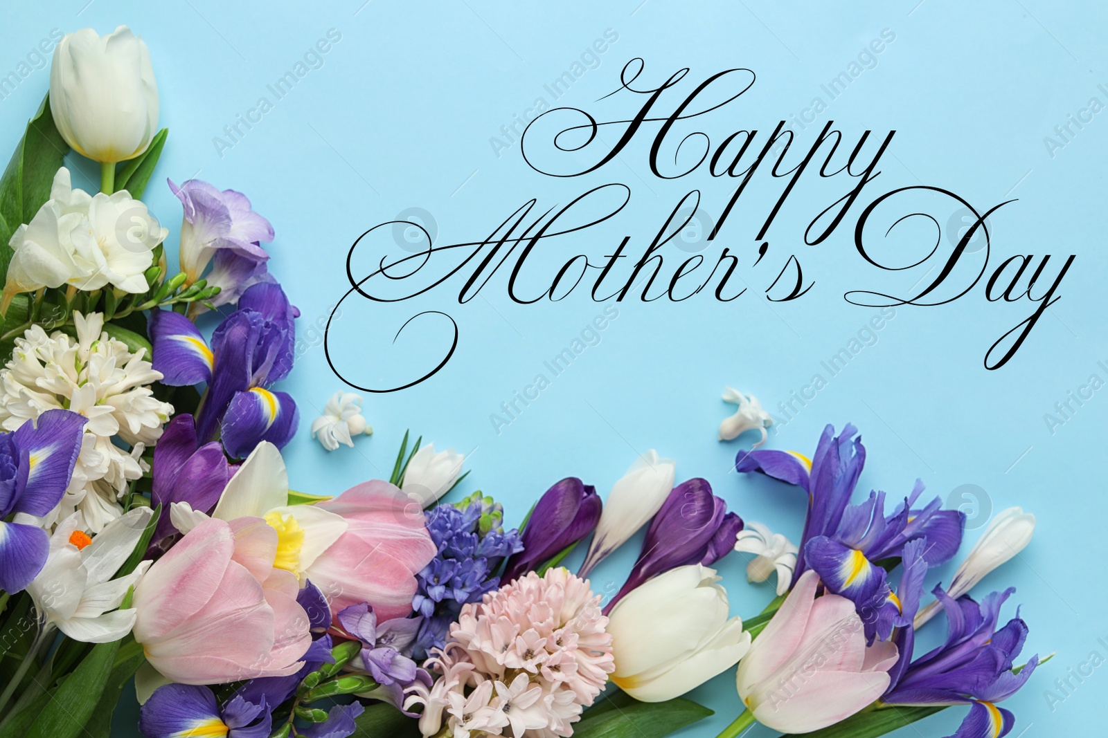 Image of Beautiful flowers and text Happy Mother's Day on light blue background, flat lay