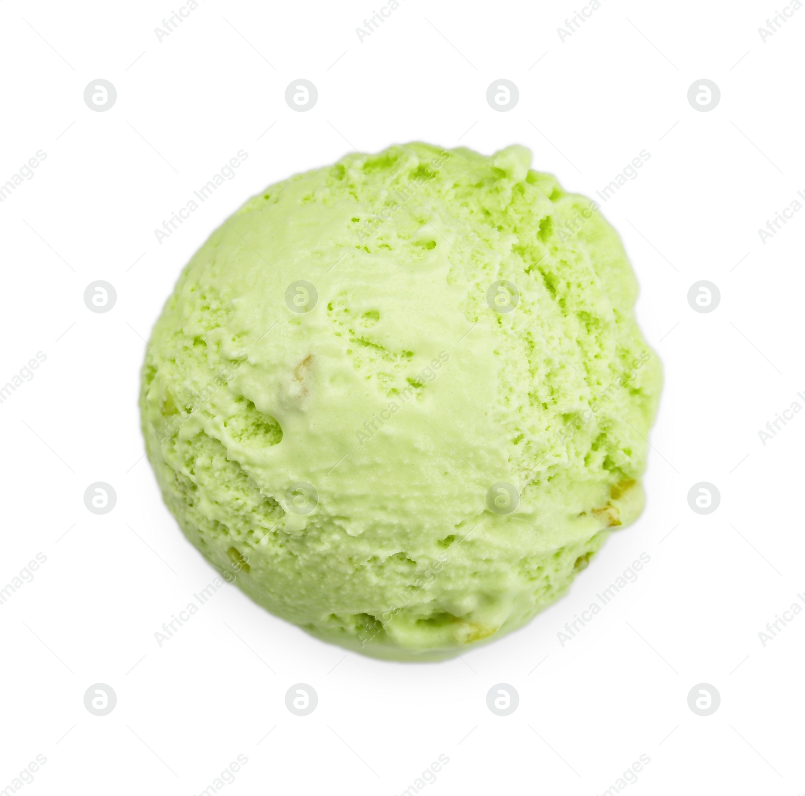 Photo of Scoop of delicious pistachio ice cream on white background, top view