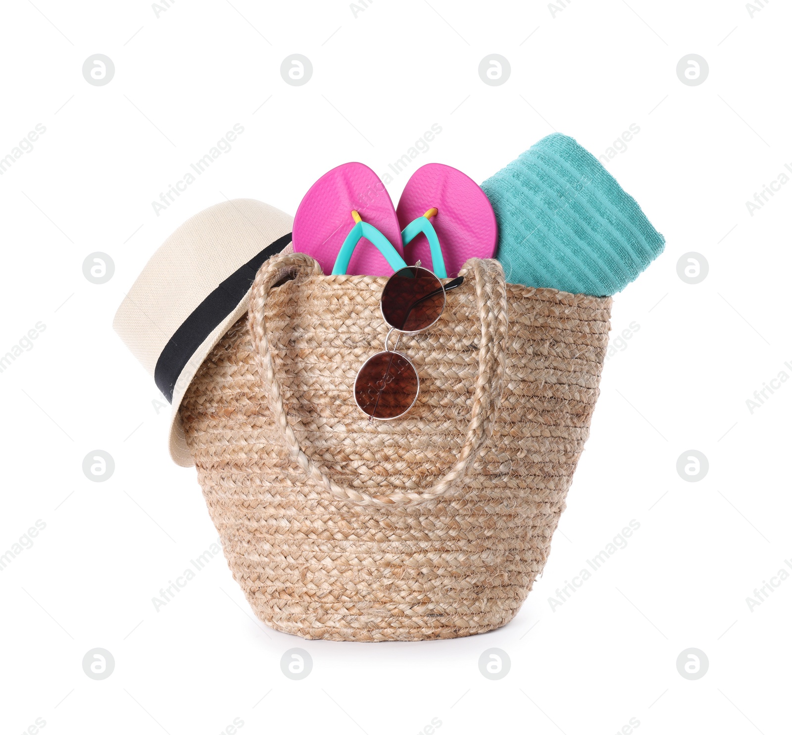 Photo of Bag with beach accessories on white background