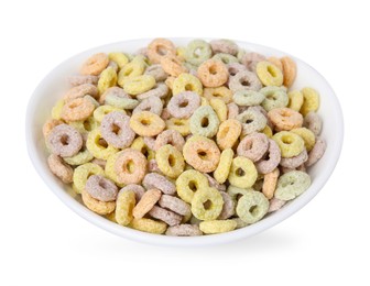 Photo of Tasty cereal rings in bowl isolated on white