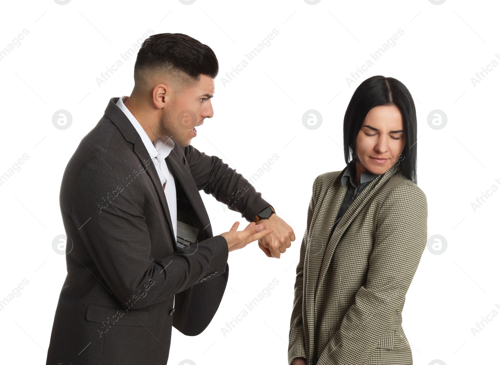 Photo of Businessman pointing on wrist watch while scolding employee for being late against white background