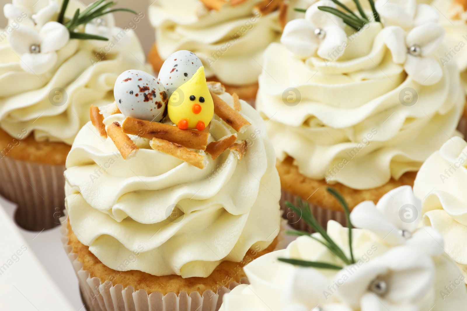 Photo of Tasty Easter cupcakes with vanilla cream in box, closeup