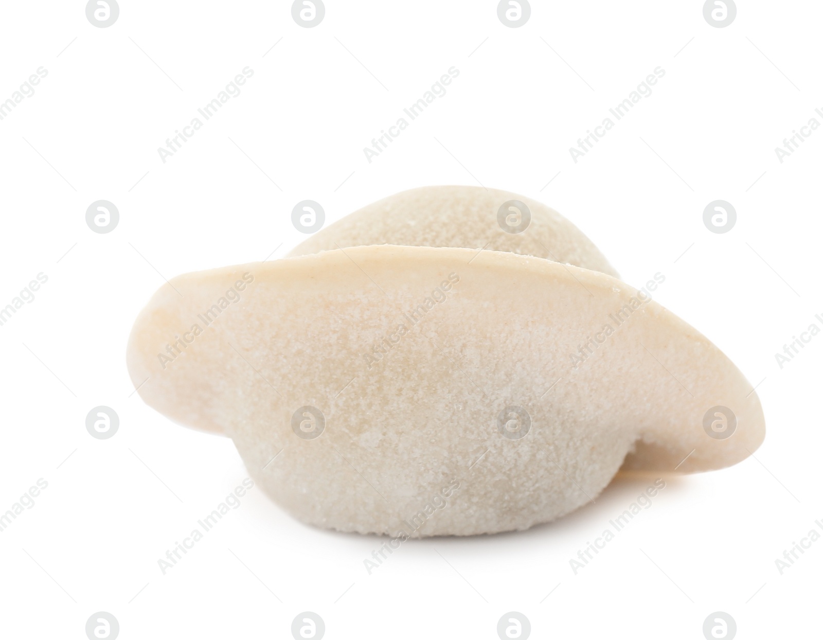 Photo of Raw dumpling with tasty filling on white background