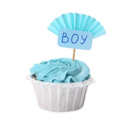 Photo of Baby shower cupcake with Boy topper and light blue cream isolated on white