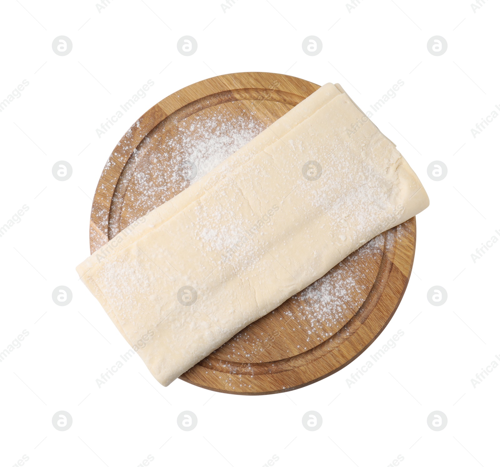 Photo of Raw puff pastry dough isolated on white, top view