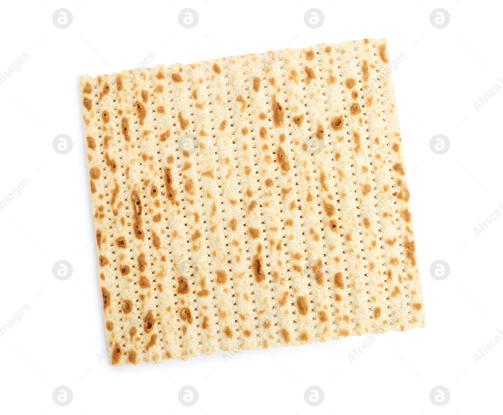 Photo of Passover matzo isolated on white, top view. Pesach celebration