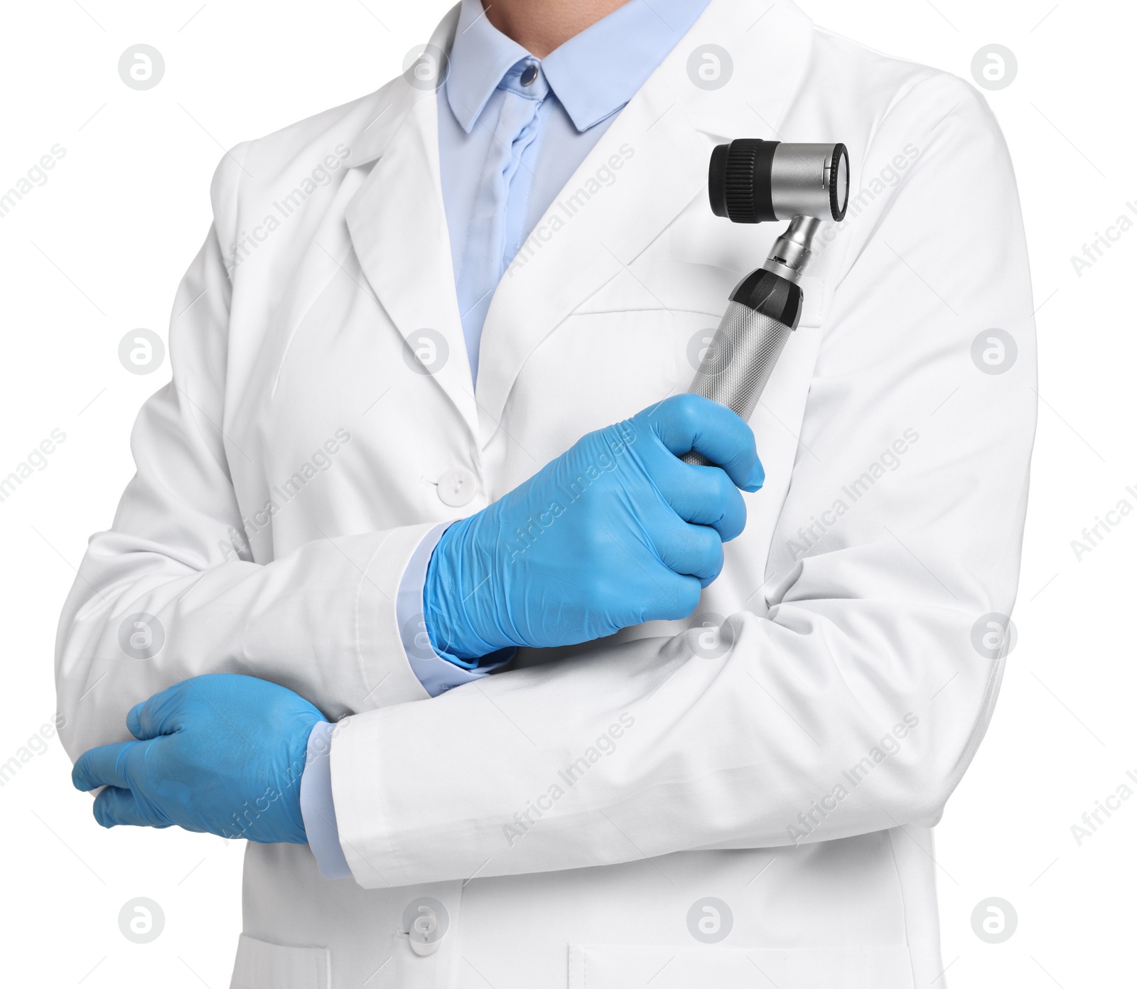 Photo of Dermatologist with dermatoscope isolated on white, closeup