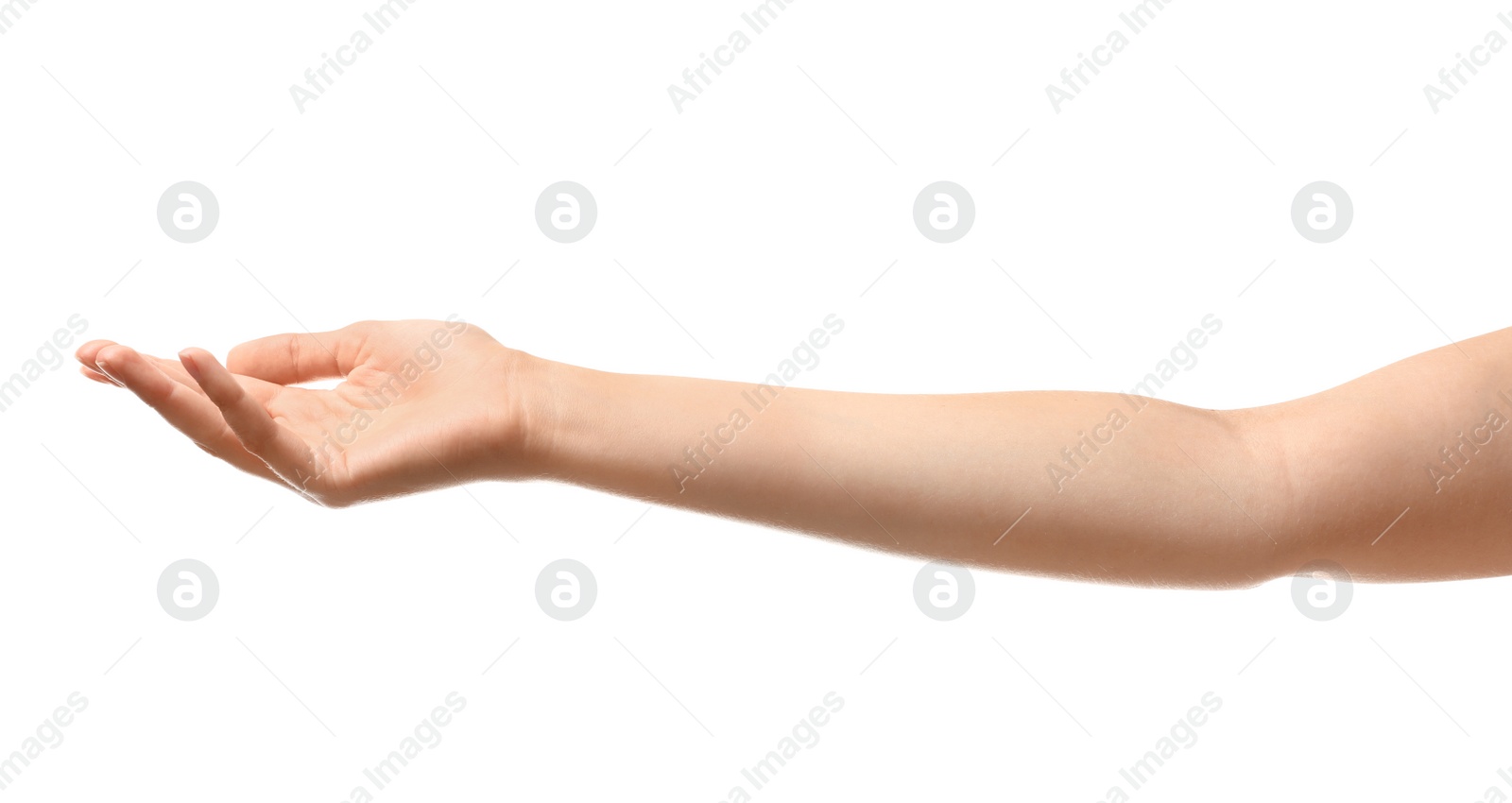 Photo of Young woman holding something on white background, closeup