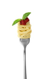 Fork with tasty pasta, tomato sauce and basil isolated on white