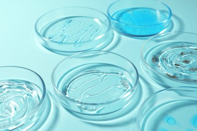 Photo of Petri dishes with liquids on turquoise background, closeup