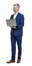 Photo of Mature businessman in stylish clothes with laptop on white background