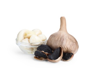 Photo of Fresh and fermented black garlic isolated on white
