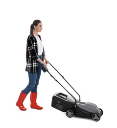 Photo of Young woman with modern lawn mower on white background