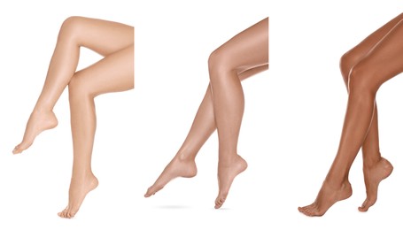 Women with beautiful legs on white background, closeup. Collage of photos showing stages of suntanning