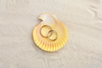 Photo of Honeymoon concept. Two golden rings with shell on sand, top view