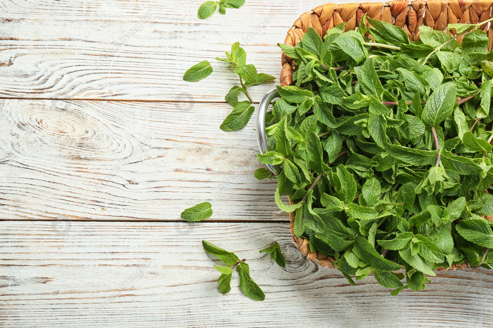 Photo of Tray with fresh mint on table, top view